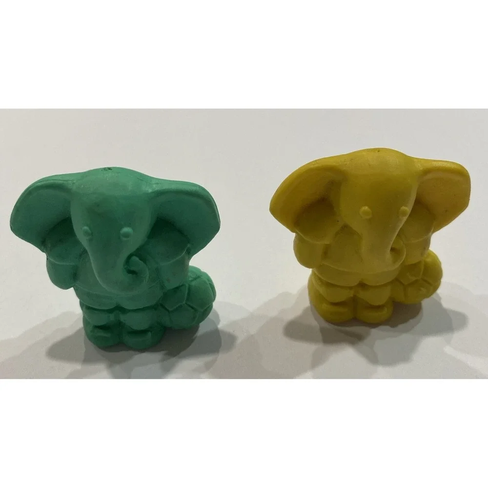 Vintage Diener Erasers- Yellow Green Elephant Soccer Ball Pencil Toppers 1985
